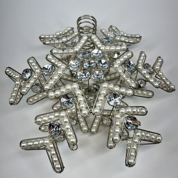 Jeweled Snowflake Christmas Tree Topper Beaded Faux Pearls & Crystal Rhinestones - Picture 3 of 6